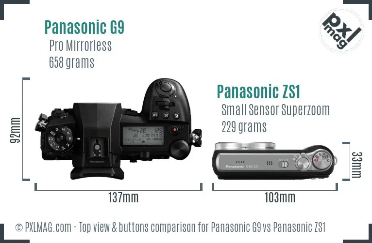 Panasonic G9 vs Panasonic ZS1 top view buttons comparison