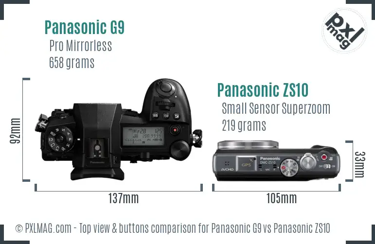 Panasonic G9 vs Panasonic ZS10 top view buttons comparison