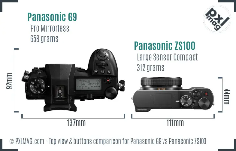 Panasonic G9 vs Panasonic ZS100 top view buttons comparison