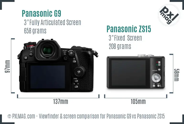 Panasonic G9 vs Panasonic ZS15 Screen and Viewfinder comparison