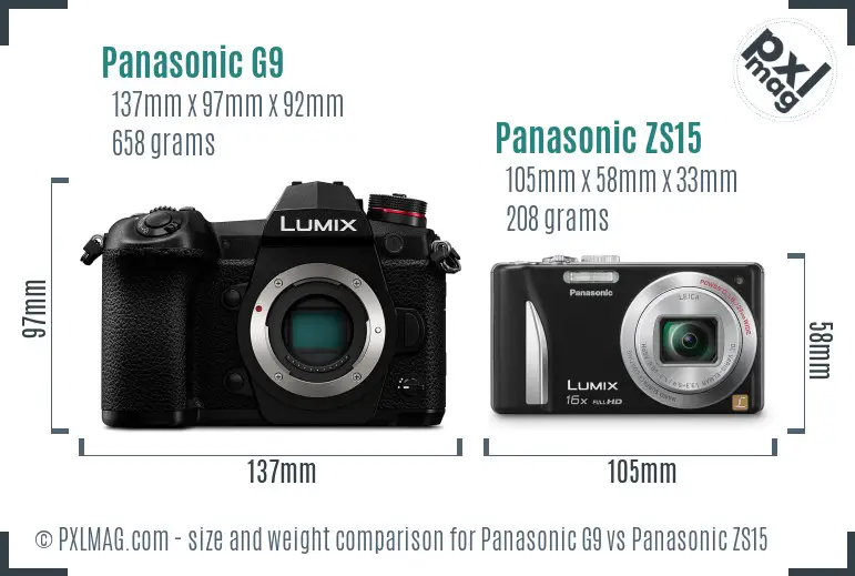 Panasonic G9 vs Panasonic ZS15 size comparison