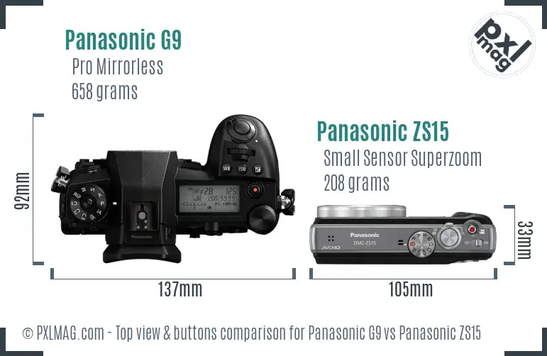 Panasonic G9 vs Panasonic ZS15 top view buttons comparison
