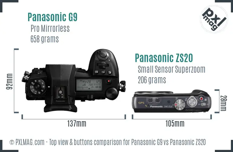 Panasonic G9 vs Panasonic ZS20 top view buttons comparison