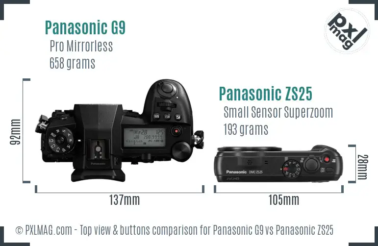 Panasonic G9 vs Panasonic ZS25 top view buttons comparison