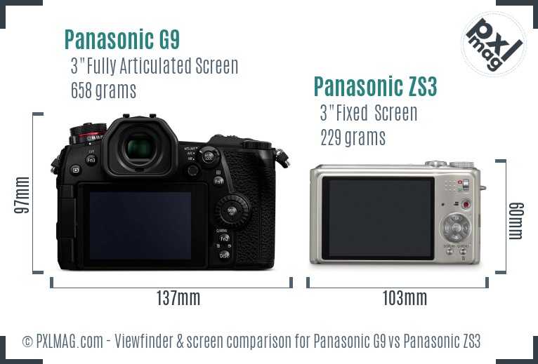 Panasonic G9 vs Panasonic ZS3 Screen and Viewfinder comparison