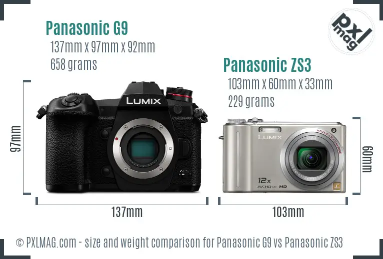 Panasonic G9 vs Panasonic ZS3 size comparison