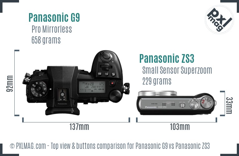 Panasonic G9 vs Panasonic ZS3 top view buttons comparison