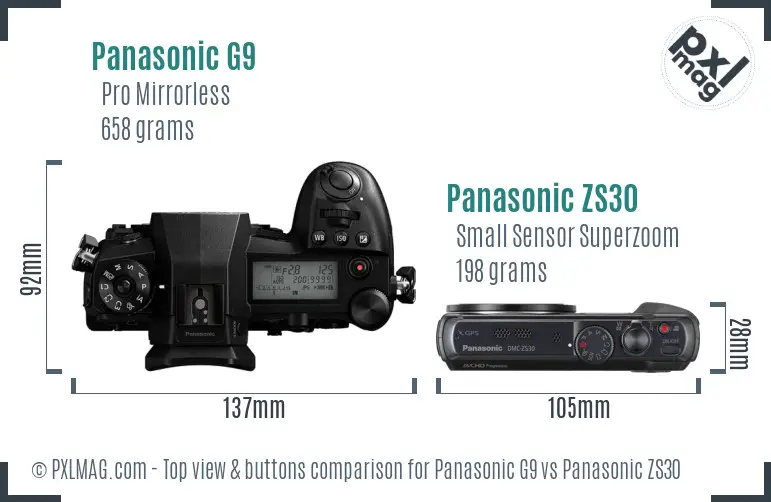 Panasonic G9 vs Panasonic ZS30 top view buttons comparison