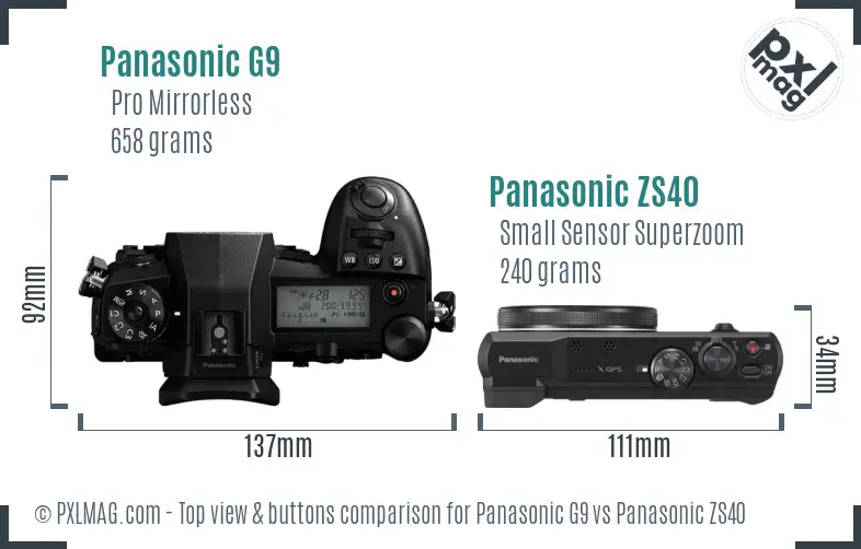 Panasonic G9 vs Panasonic ZS40 top view buttons comparison