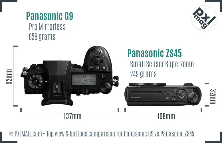 Panasonic G9 vs Panasonic ZS45 top view buttons comparison