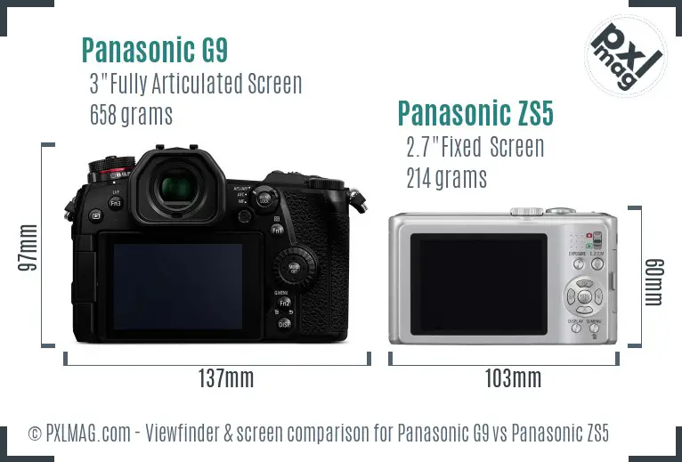 Panasonic G9 vs Panasonic ZS5 Screen and Viewfinder comparison