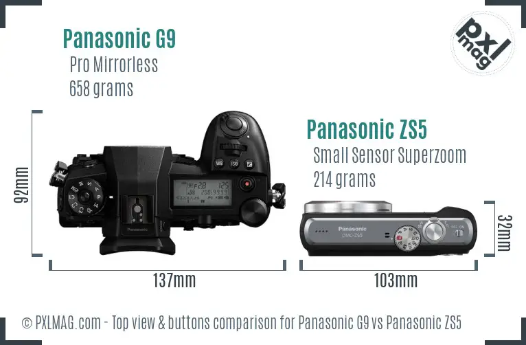 Panasonic G9 vs Panasonic ZS5 top view buttons comparison