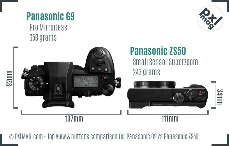Panasonic G9 vs Panasonic ZS50 top view buttons comparison