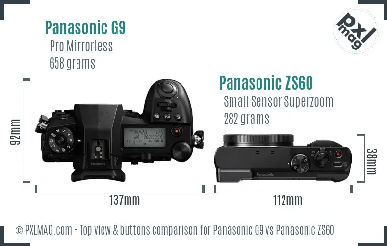 Panasonic G9 vs Panasonic ZS60 top view buttons comparison