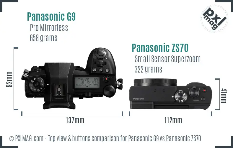 Panasonic G9 vs Panasonic ZS70 top view buttons comparison