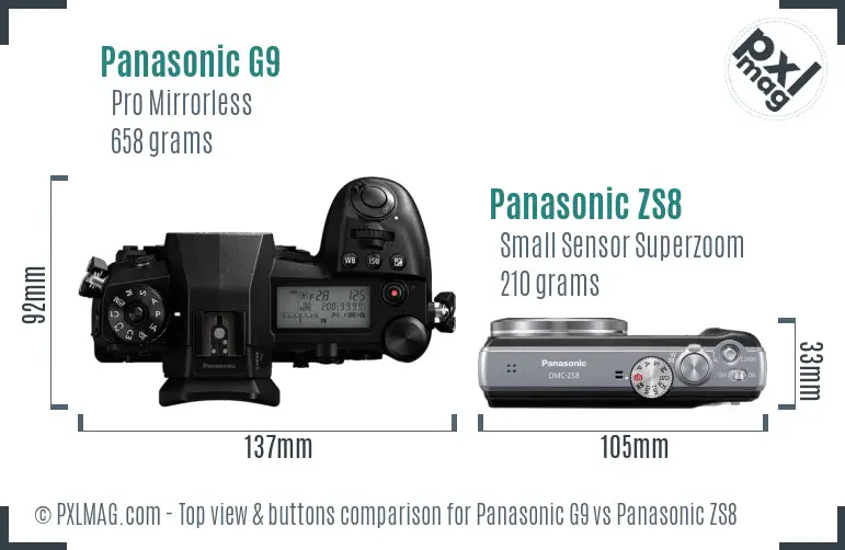Panasonic G9 vs Panasonic ZS8 top view buttons comparison