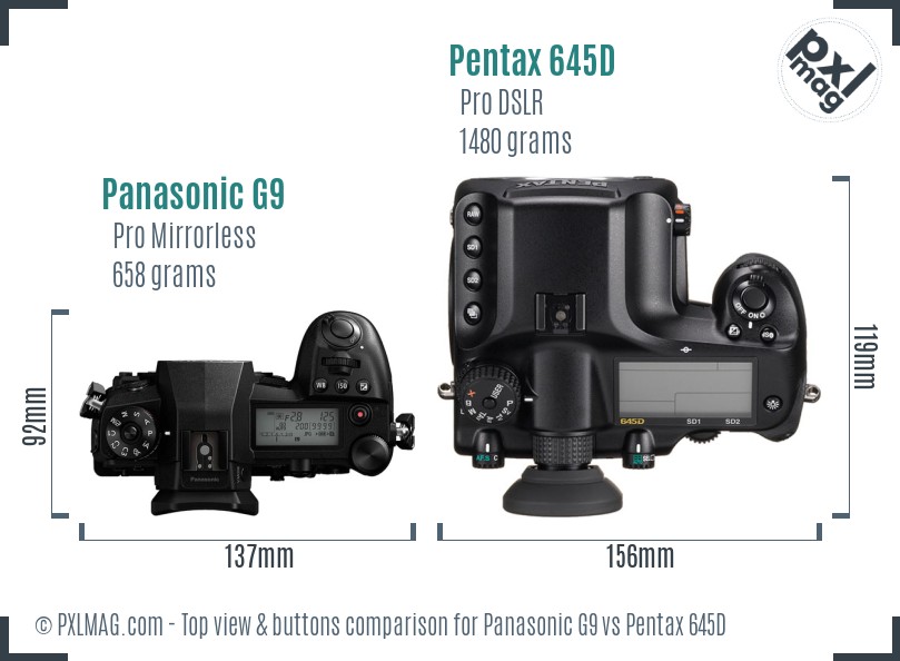 Panasonic G9 vs Pentax 645D top view buttons comparison