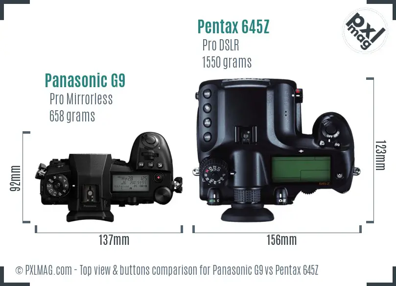 Panasonic G9 vs Pentax 645Z top view buttons comparison