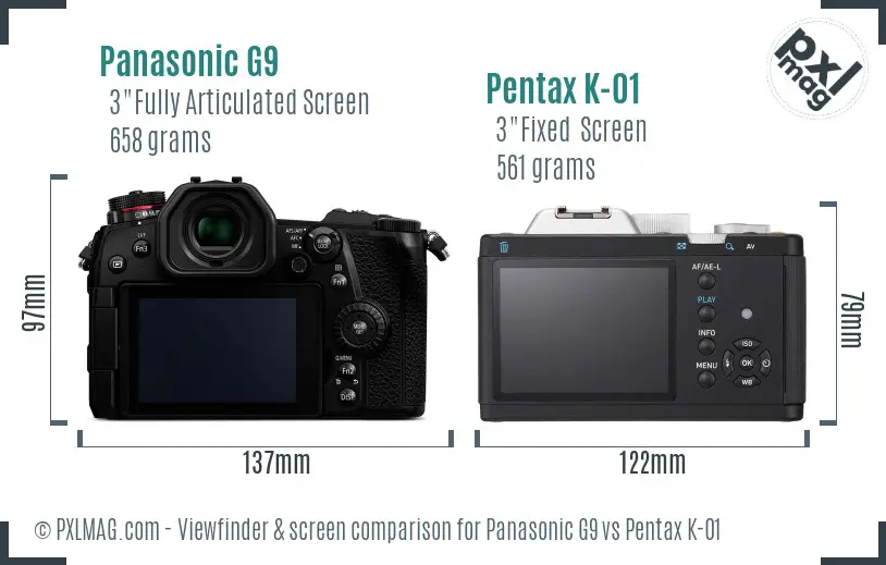 Panasonic G9 vs Pentax K-01 Screen and Viewfinder comparison