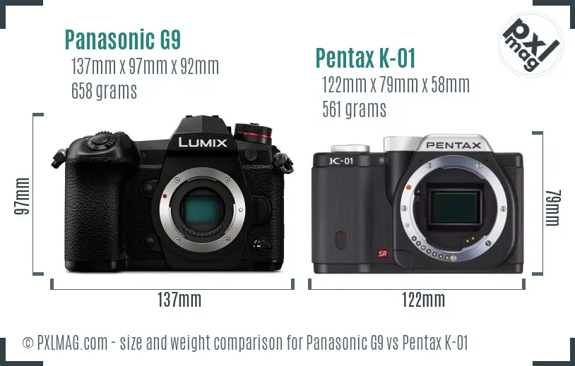 Panasonic G9 vs Pentax K-01 size comparison