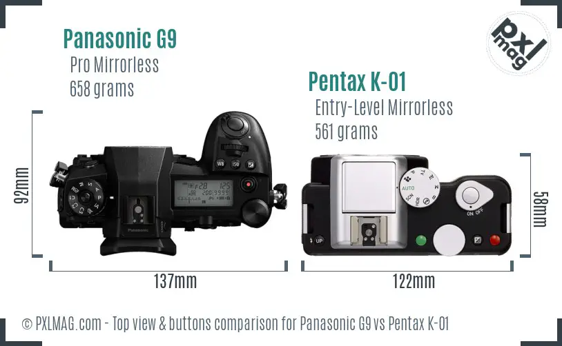 Panasonic G9 vs Pentax K-01 top view buttons comparison