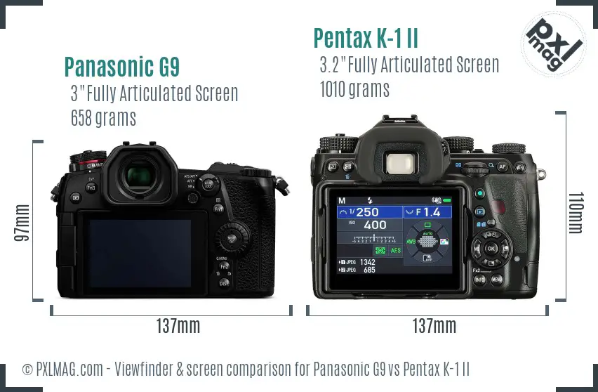 Panasonic G9 vs Pentax K-1 II Screen and Viewfinder comparison