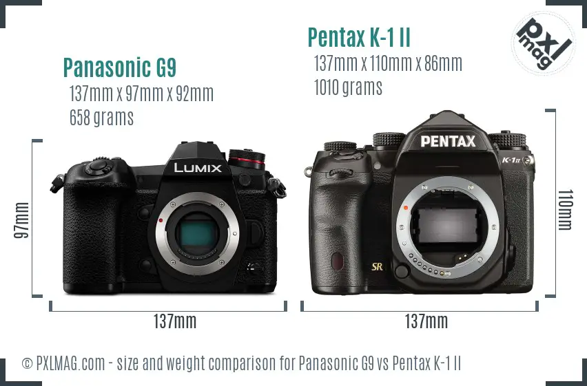 Panasonic G9 vs Pentax K-1 II size comparison