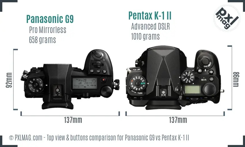 Panasonic G9 vs Pentax K-1 II top view buttons comparison