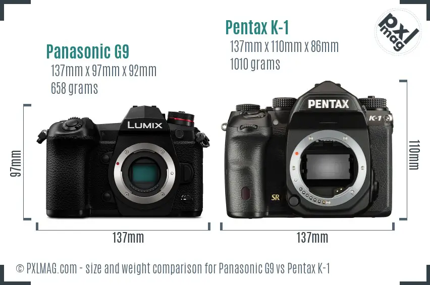 Panasonic G9 vs Pentax K-1 size comparison