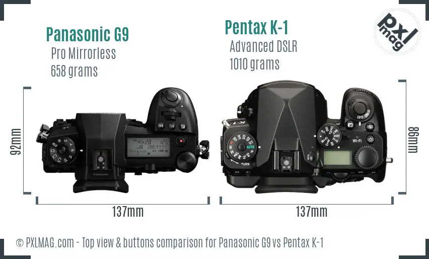 Panasonic G9 vs Pentax K-1 top view buttons comparison