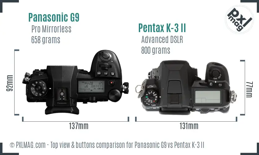 Panasonic G9 vs Pentax K-3 II top view buttons comparison
