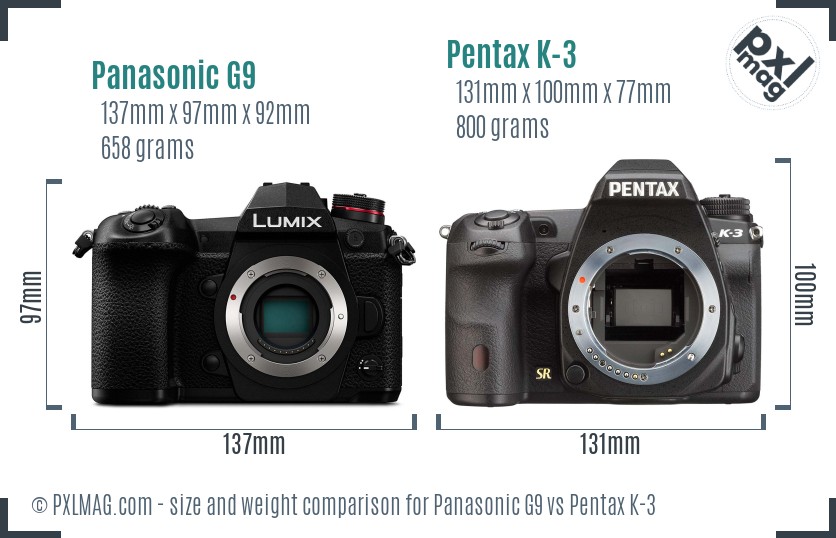 Panasonic G9 vs Pentax K-3 size comparison