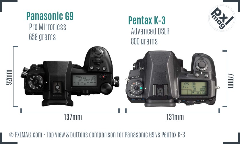 Panasonic G9 vs Pentax K-3 top view buttons comparison