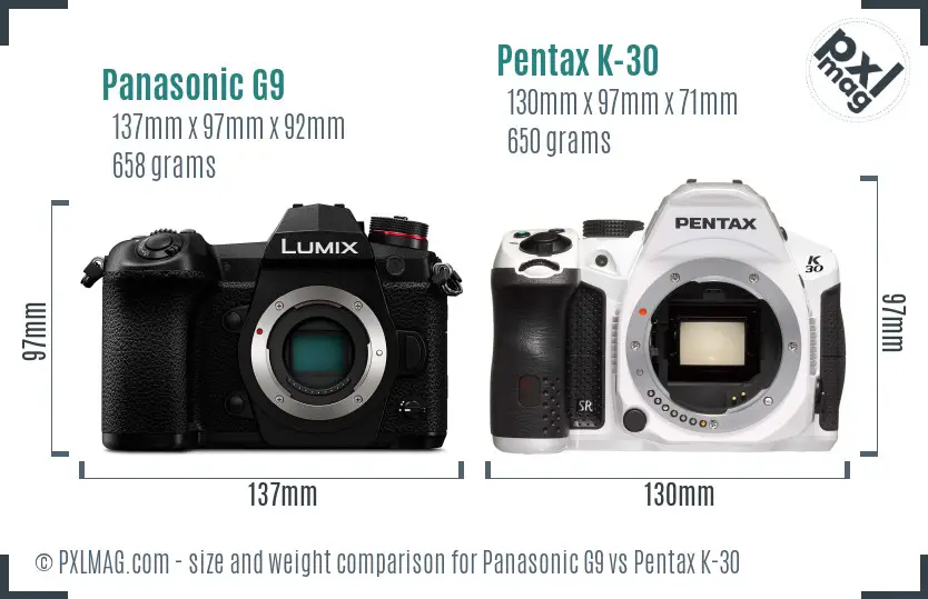 Panasonic G9 vs Pentax K-30 size comparison