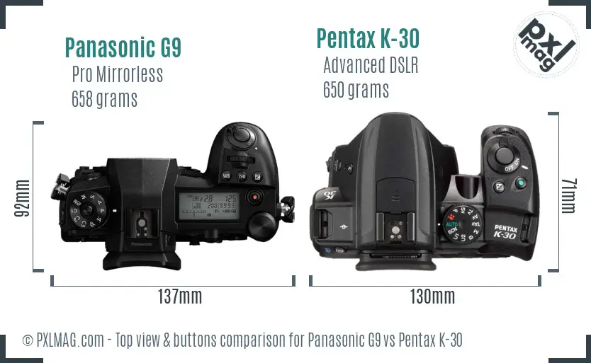 Panasonic G9 vs Pentax K-30 top view buttons comparison
