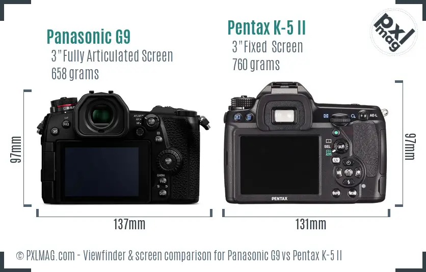 Panasonic G9 vs Pentax K-5 II Screen and Viewfinder comparison