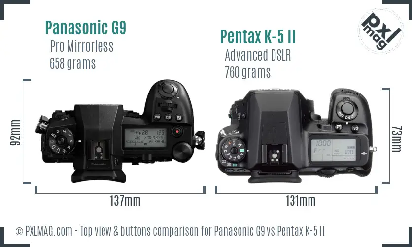 Panasonic G9 vs Pentax K-5 II top view buttons comparison
