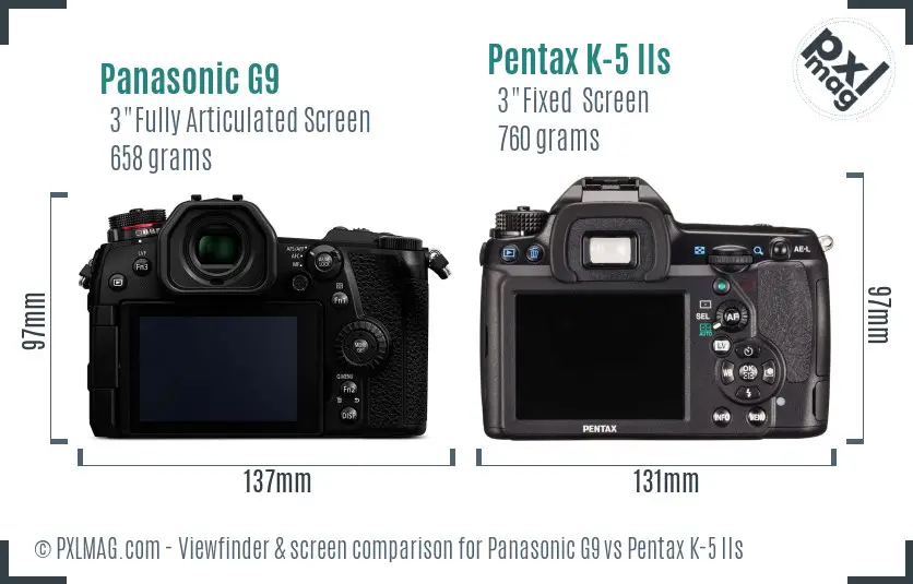 Panasonic G9 vs Pentax K-5 IIs Screen and Viewfinder comparison
