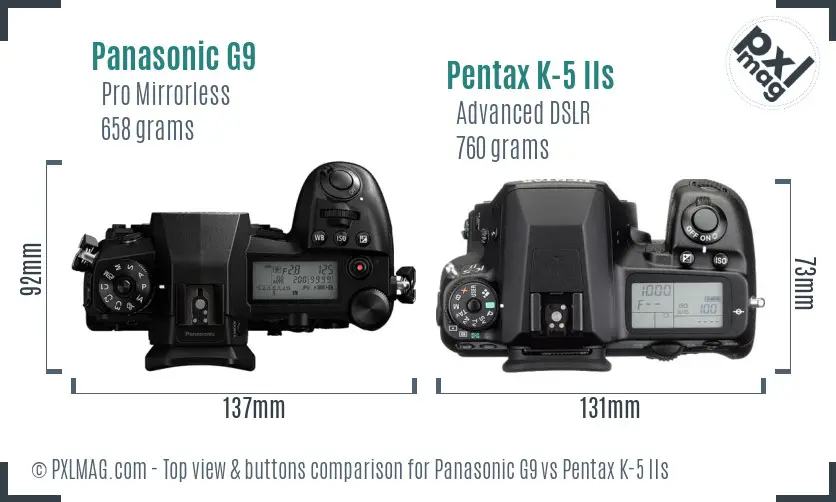 Panasonic G9 vs Pentax K-5 IIs top view buttons comparison