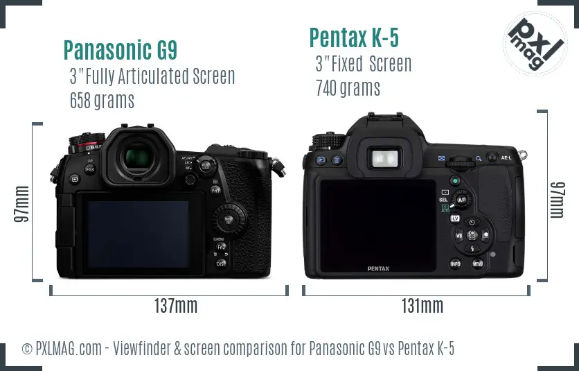 Panasonic G9 vs Pentax K-5 Screen and Viewfinder comparison