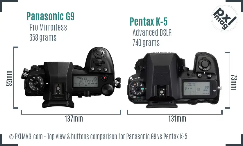 Panasonic G9 vs Pentax K-5 top view buttons comparison