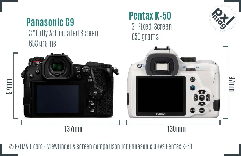 Panasonic G9 vs Pentax K-50 Screen and Viewfinder comparison