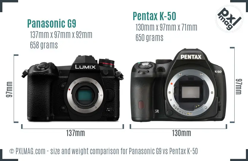 Panasonic G9 vs Pentax K-50 size comparison