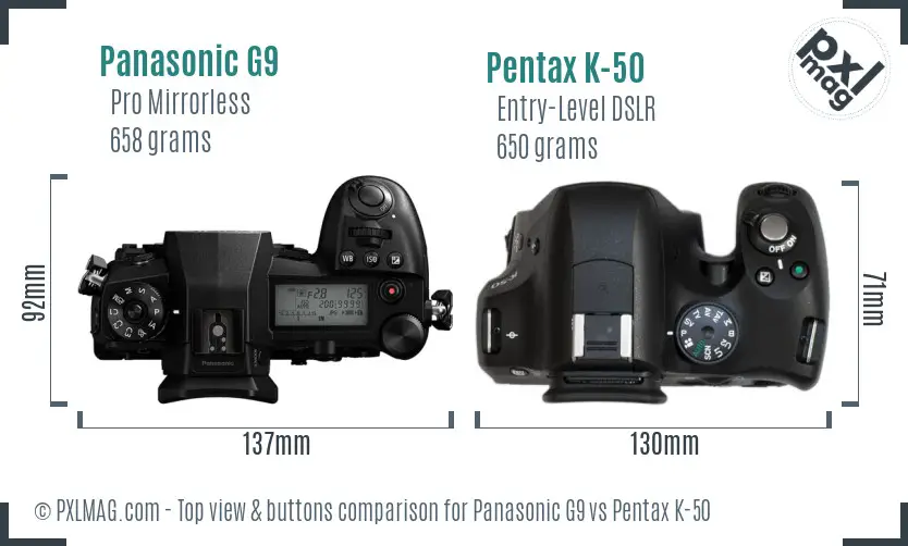 Panasonic G9 vs Pentax K-50 top view buttons comparison