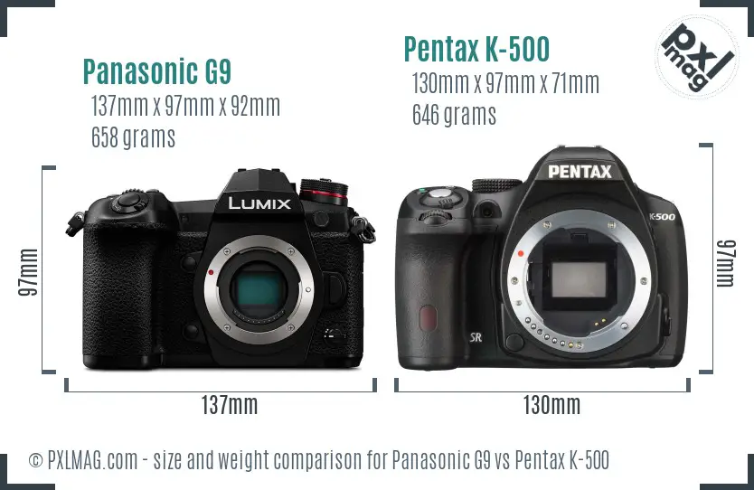Panasonic G9 vs Pentax K-500 size comparison