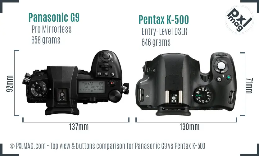 Panasonic G9 vs Pentax K-500 top view buttons comparison