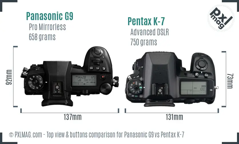 Panasonic G9 vs Pentax K-7 top view buttons comparison