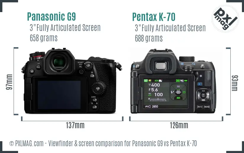 Panasonic G9 vs Pentax K-70 Screen and Viewfinder comparison