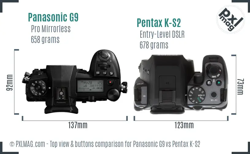 Panasonic G9 vs Pentax K-S2 top view buttons comparison