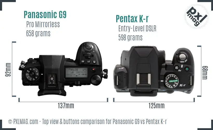 Panasonic G9 vs Pentax K-r top view buttons comparison
